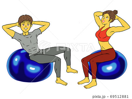 バランスボールをする フィットネスインストラクターの男女のイラスト素材