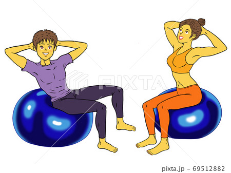 バランスボールをする フィットネスインストラクターの男女のイラスト素材