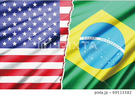 国家間対立競争対戦紛争戦争のイメージの2つの国旗のリアルイラスト アメリカとブラジルのイラスト素材