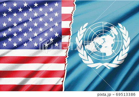 国家間対立競争対戦紛争戦争のイメージの2つの国旗のリアルイラスト アメリカと国連国際連合のイラスト素材