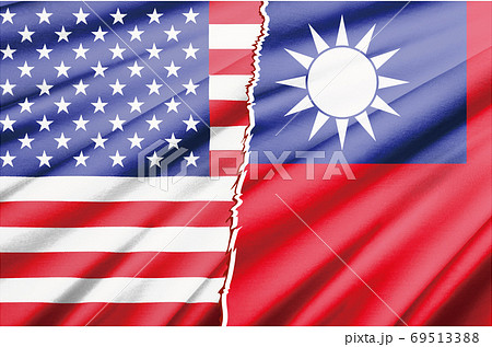 国家間対立競争対戦紛争戦争のイメージの2つの国旗のリアルイラスト アメリカと台湾のイラスト素材