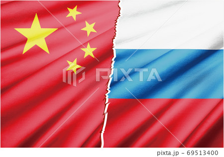 国家間対立競争対戦紛争戦争のイメージの2つの国旗のリアルイラスト 中国とロシアのイラスト素材