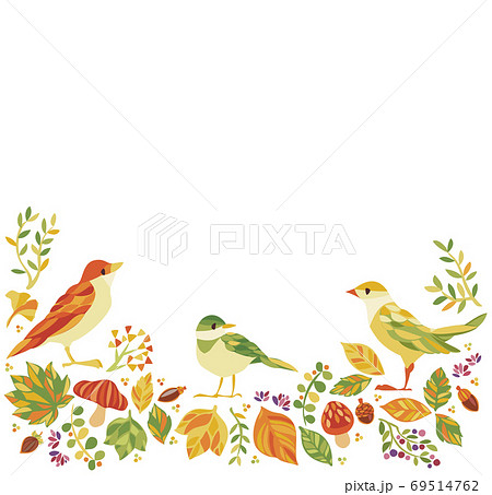 秋の紅葉 落ち葉や木の実と小鳥のフレームのイラスト素材