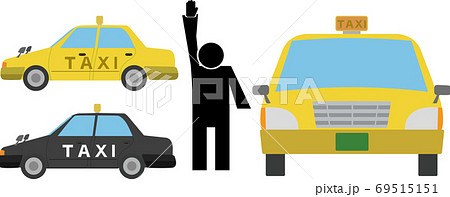 正面 横から見たタクシー手をあげる人物シルエットのイラストデザイン素材のイラスト素材