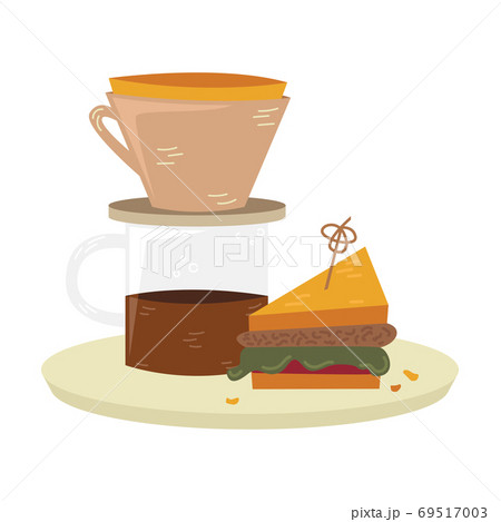 Flat vector kalita with sandwich on the table. Alternative methods of brewing coffee. Coffee culture. Flat vector kalita with sandwich on the table. Alternative methods of brewing coffee. Coffee culture. 69517003