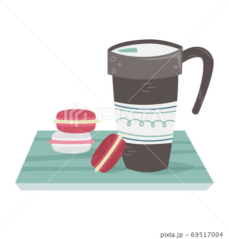 A travel mug with hot coffee and macaroons on the table. Flat vector illustration. A travel mug with hot coffee and macaroons on the table. Flat vector illustration. 69517004
