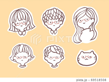 優しい男女と猫 セットのイラスト素材 アイコン ベクター画像 ほんわかする 線画のイラスト素材