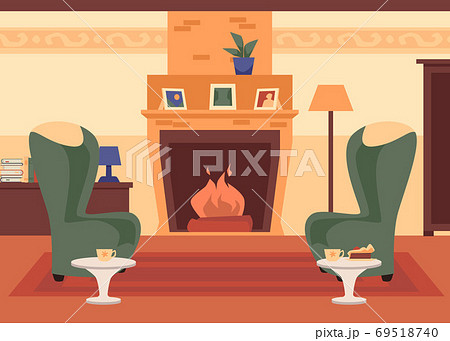 Comfy living room interior with fireplace and chairs, flat vector illustration. 69518740