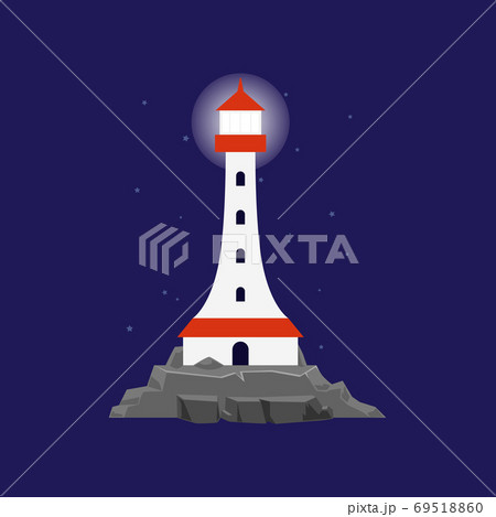 Sea beacon or lighthouse shining at night, flat cartoon vector illustration. 69518860