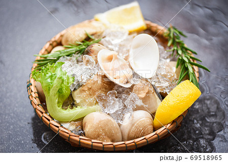 Seafood shellfish with ice frozen on basket - Fresh shell clam w Seafood shellfish with ice frozen on basket - Fresh shell clam w 69518965