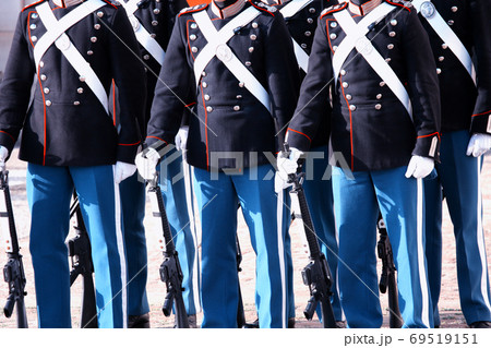 The Royal Guard with army guns in Copenhagen, Denmark marching 69519151