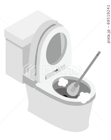 ブラシで掃除中の洋式トイレのイラスト素材