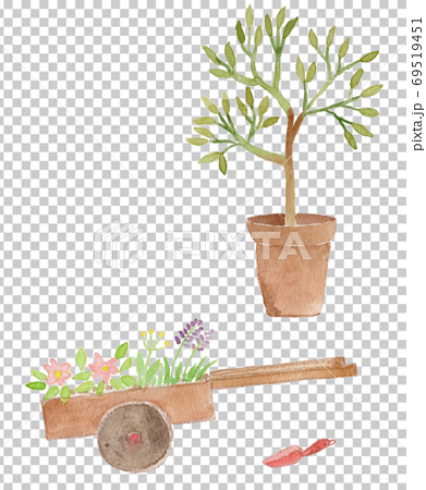 手押し車と鉢植えの木 シャベルと花のあるガーデニングの水彩イラストのイラスト素材
