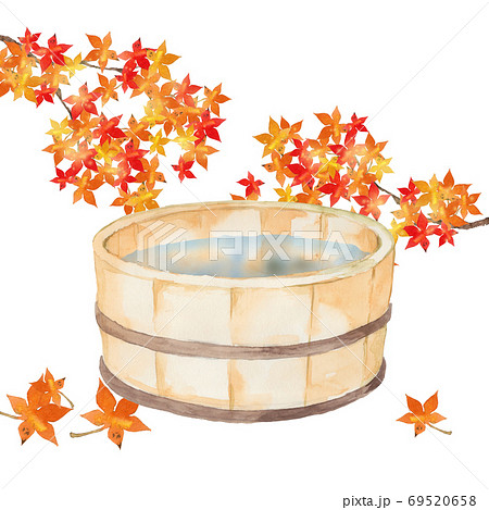 風呂桶と紅葉の水彩画 69520658
