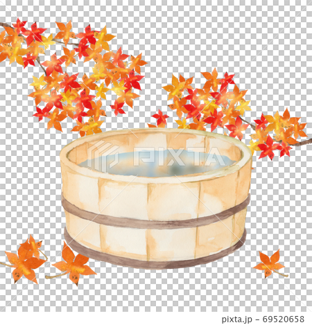 風呂桶と紅葉の水彩画 69520658
