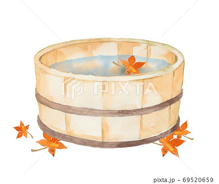 風呂桶と紅葉の水彩画のイラスト素材