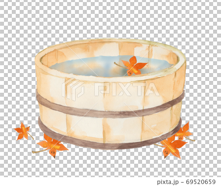 風呂桶と紅葉の水彩画 69520659