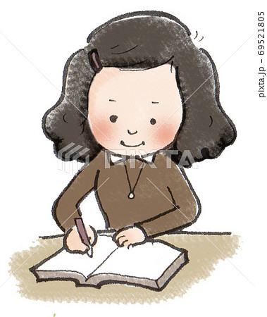 秋の夜 思い出の日記を書く少女のイラスト素材
