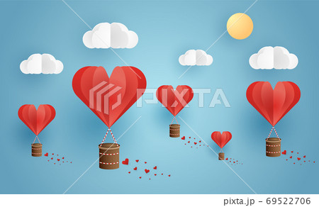 Origami made hot air balloon flying on the sky with heart float on the sky, illustration of love and valentine day, vector paper art and craft style illustration. 69522706