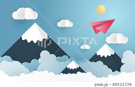 Escape from the city, illustration of love travel day, paper plane flying on sky with cloud and mountain., nature landscape and concept of business, vector paper art and craft style illustration. 69522726