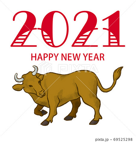 2021 丑年 年賀状素材 茶色い牛 英語賀詞のイラスト素材 69525298 Pixta
