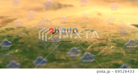 Kano city and rainy weather icon on the map, weather forecast related 3D rendering Kano city and rainy weather icon on the map, weather forecast related 3D rendering 69526433