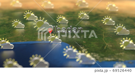 Ibadan city and partly cloudy weather icon on the map, weather forecast related 3D rendering 69526440
