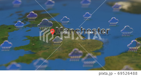 Rainy weather icons near Manchester city on the map, weather forecast related 3D rendering 69526488