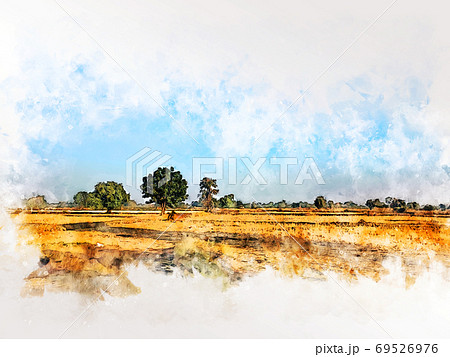 Abstract colorful tree and field landscape on watercolor illustration painting background. Abstract colorful tree and field landscape on watercolor illustration painting background. 69526976