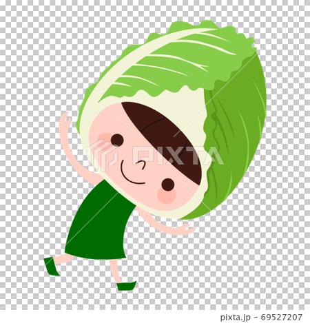白菜のキャラクター 野菜のハクサイの被り物をして楽しそうに踊っている子どものイラスト のイラスト素材