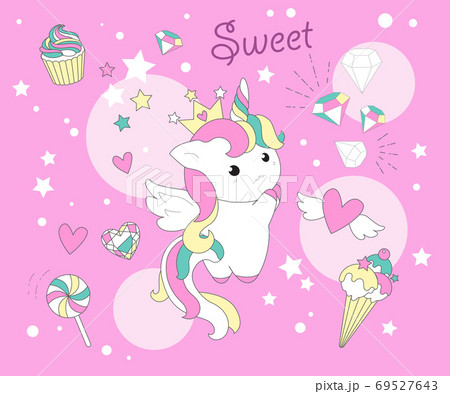 Cute Unicorn princess cartoon pony child vector, Kawaii animal character, Nursery Fairy tales magic. For greeting card, Print t shirt, fashion art. Cute Unicorn princess cartoon pony child vector, Kawaii animal character, Nursery Fairy tales magic. For greeting card, Print t shirt, fashion art. 69527643