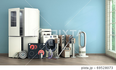 Modern home appliances in empty room commerce or online shopping Modern home appliances in empty room commerce or online shopping 69528073