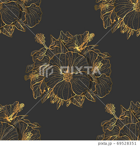 Golden floral seamless pattern with hand drawn hibiscus flowers on black background. Stock vector Golden floral seamless pattern with hand drawn hibiscus flowers on black background. Stock vector 69528351