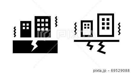 地震のアイコンのセット／イラスト／ひび割れ／被害／災害／割れる／揺れ／家／ビル／建物／ 69529088