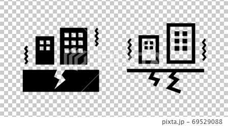 地震のアイコンのセット／イラスト／ひび割れ／被害／災害／割れる／揺れ／家／ビル／建物／ 69529088