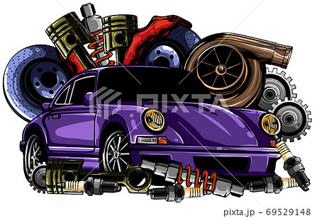 Vintage car components collection witn automobile motor engine piston steering wheel tire headlights speedometer gearbox shock absorber isolated vector illustration Vintage car components collection witn automobile motor engine piston steering wheel tire headlights speedometer gearbox shock absorber isolated vector illustration 69529148