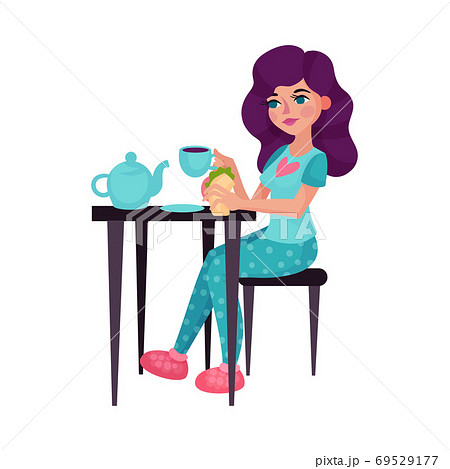 Young Woman Sitting at Table and Eating Breakfast Vector Illustration Young Woman Sitting at Table and Eating Breakfast Vector Illustration 69529177