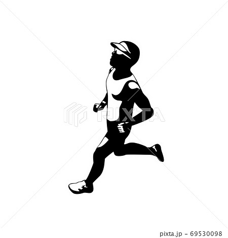 Triathlete Marathon Runner Running Side View Retro Stencil Black and White 69530098
