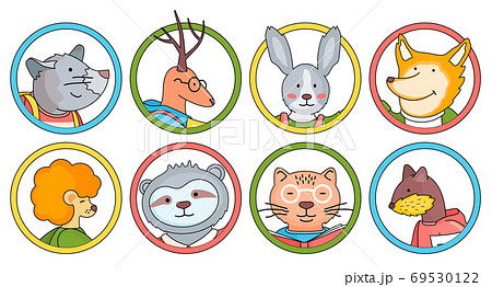 Collection of cute animals avatars, portraits, mouse, deer, bunny, fox, lion, sloth, cat, otter Collection of cute animals avatars, portraits, mouse, deer, bunny, fox, lion, sloth, cat, otter 69530122
