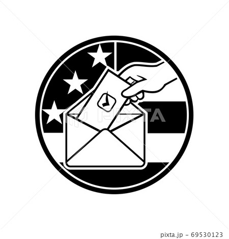 American Voter Voting Using Postal Ballot During Election USA Flag Circle Black and White Retro American Voter Voting Using Postal Ballot During Election USA Flag Circle Black and White Retro 69530123