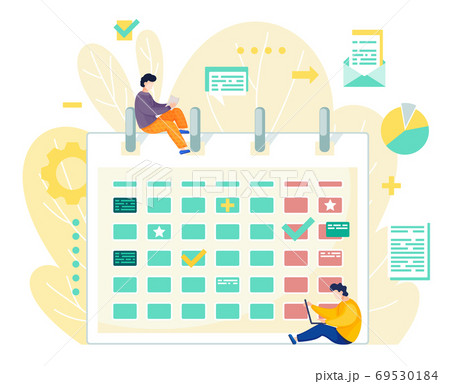 Workers effectively organizing office work time, using calendar, planning business meetings 69530184