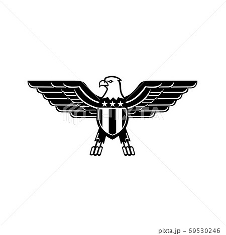 American Bald Eagle with Wings Spread and United States Star Spangled Banner Flag on Chest Mascot Black and White 69530246