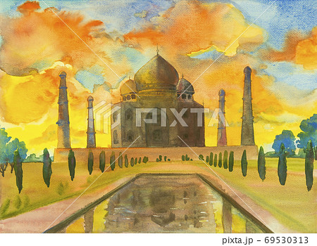 Watercolor painting of archaeological site. 69530313