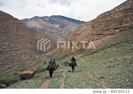 Three hunters on horse back with a mountain hunting 69530515