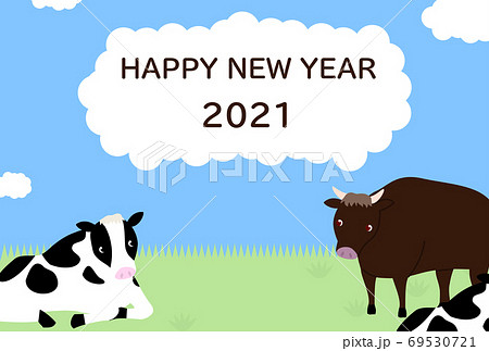ホルスタイン牛と黒毛和種の年賀状イラスト 69530721