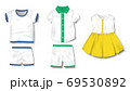 Realistic baby bodysuit, shirt, pants, shorts, dress template isolated. Baby boy clothes mockup for newborns. Vector illustration 69530892