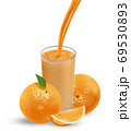 Fresh orange fruit with grean leaves. Orange juice with splash isolated on white. 3d Vector illustration for your design 69530893