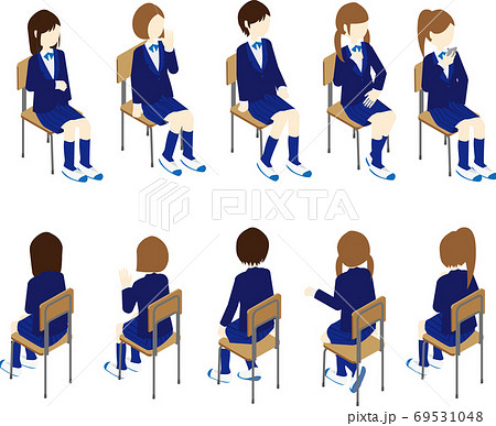 様々な座りポーズの女子高生のイラスト素材