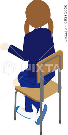 教室で座るツインテールの女の子の後ろ姿のイラスト素材