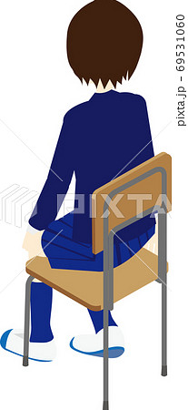 教室の椅子に座るショートカットの女の子の後ろ姿のイラスト素材